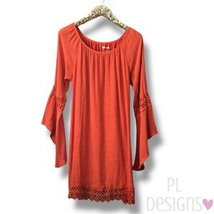 Wrangler BOHO Peasant Dress Orange Lace Accents Butterfly Sleeves